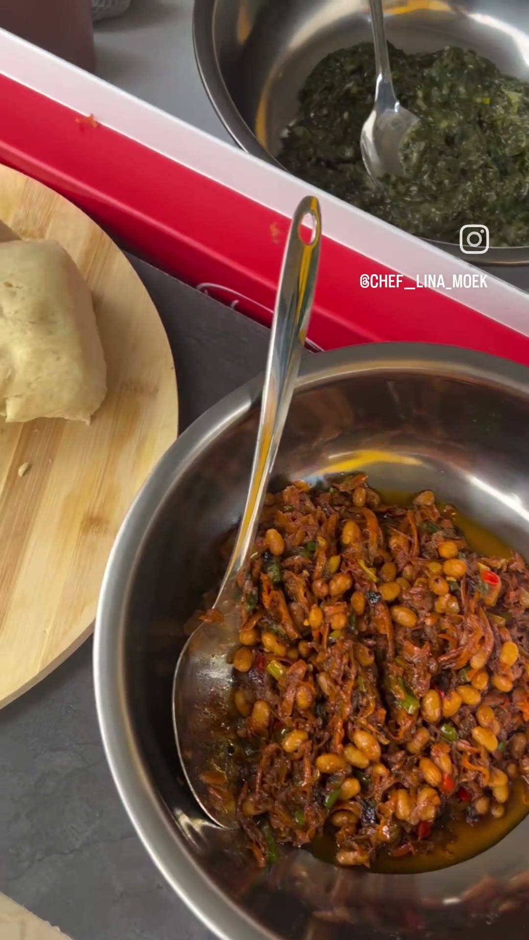 Chakalaka and spinach being prepared at the trailer